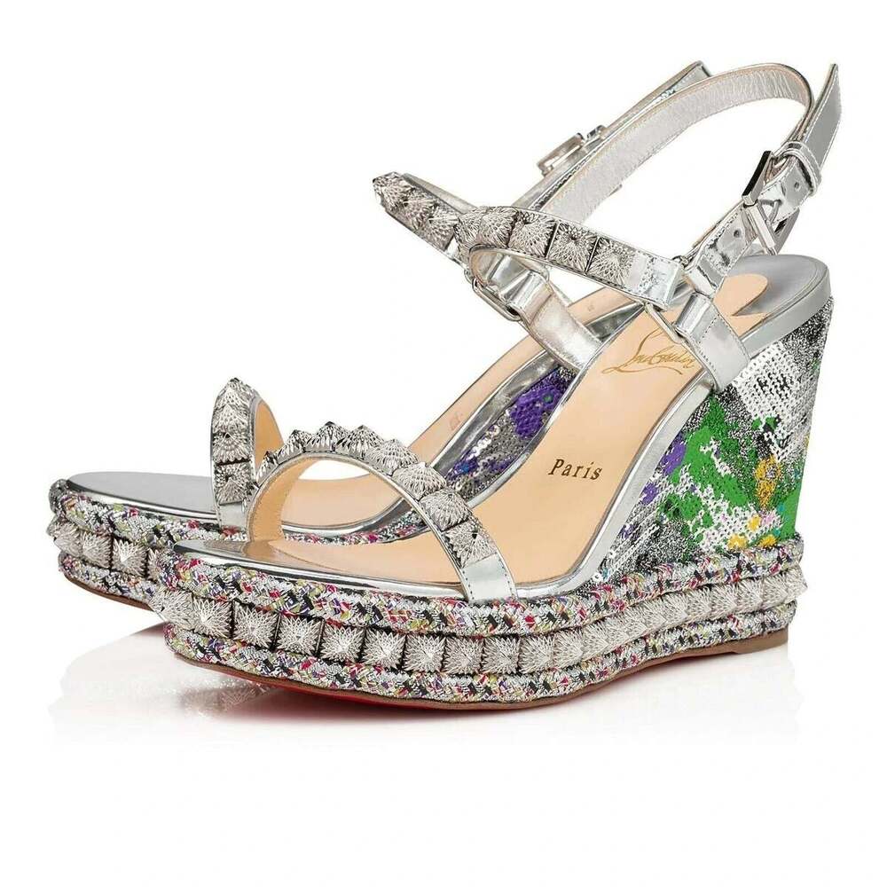 Christian Louboutin Pira Ryad 110 Silver Sequin Platform Wedge Sandal Heel 36 - Picture 1 of 9